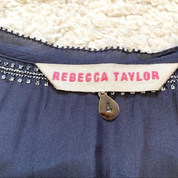 Rebecca Taylor Navy Silver Embroidered Silk Boho Mini Dress Size 4 - Picture 3 of 9